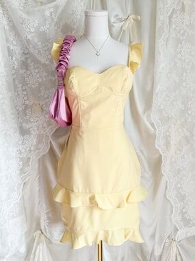 Butter Yellow Ruffle Mini Dress Coquette Fairycore Babydoll Party Dress